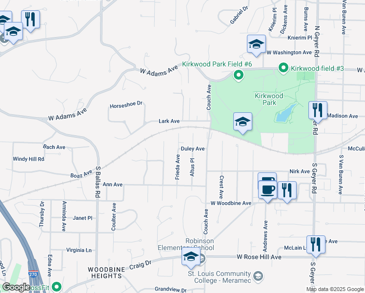 map of restaurants, bars, coffee shops, grocery stores, and more near 1125 Duley Avenue in Kirkwood