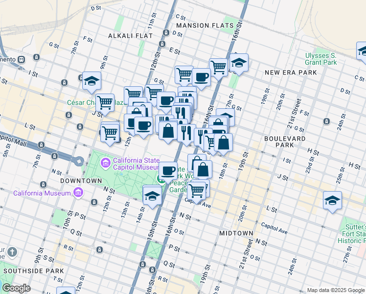 map of restaurants, bars, coffee shops, grocery stores, and more near 1001 15th Street in Sacramento