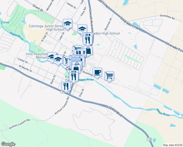 map of restaurants, bars, coffee shops, grocery stores, and more near 1404 Franklin Street in Calistoga