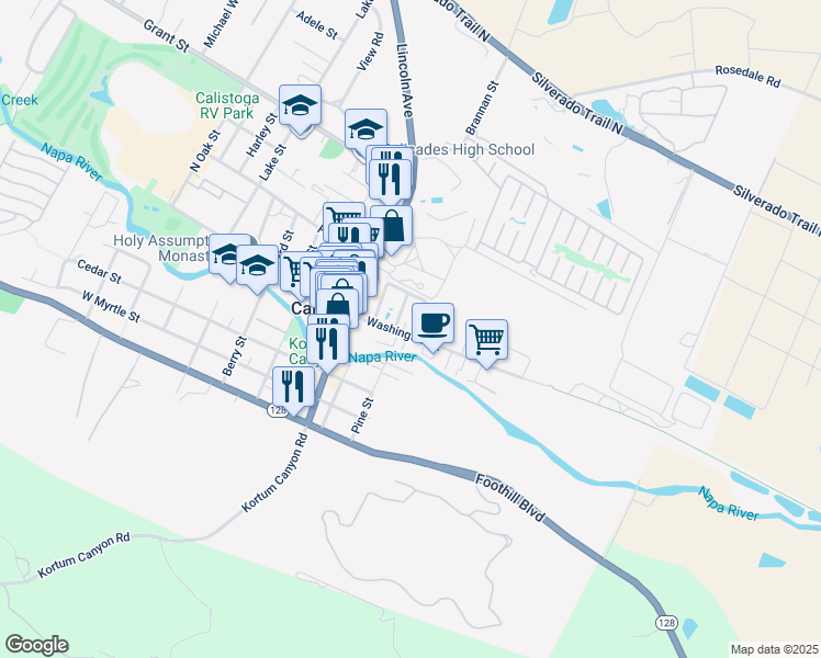 map of restaurants, bars, coffee shops, grocery stores, and more near 906 Washington Street in Calistoga