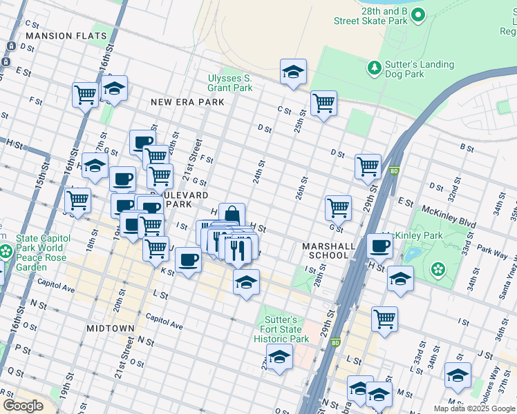 map of restaurants, bars, coffee shops, grocery stores, and more near 2400 G Street in Sacramento