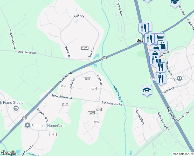 map of restaurants, bars, coffee shops, grocery stores, and more near 11132 Crest Lane in Bealeton