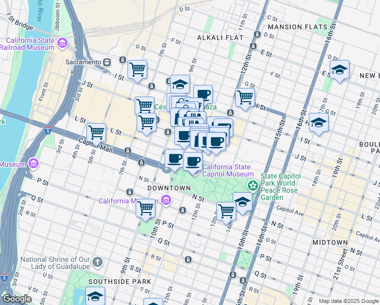map of restaurants, bars, coffee shops, grocery stores, and more near in Sacramento