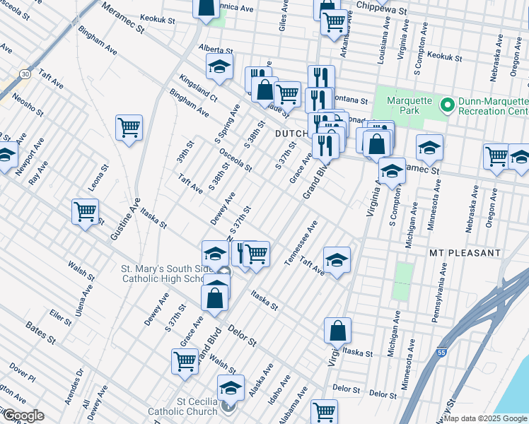 map of restaurants, bars, coffee shops, grocery stores, and more near 4443 Grace Avenue in St. Louis