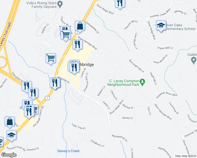 map of restaurants, bars, coffee shops, grocery stores, and more near 3060 Clancy Drive in Dumfries