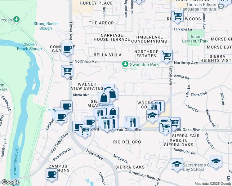 map of restaurants, bars, coffee shops, grocery stores, and more near 2380 Sierra Boulevard in Sacramento