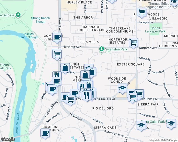 map of restaurants, bars, coffee shops, grocery stores, and more near 713 Woodside Lane East in Sacramento