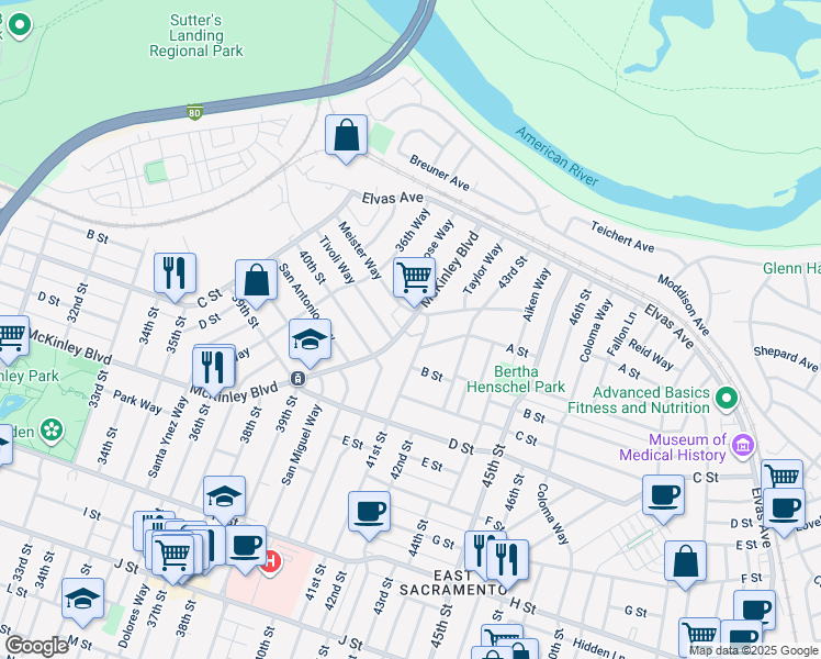map of restaurants, bars, coffee shops, grocery stores, and more near in Sacramento