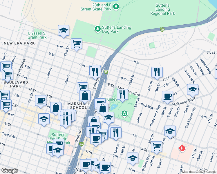 map of restaurants, bars, coffee shops, grocery stores, and more near 3008 E Street in Sacramento