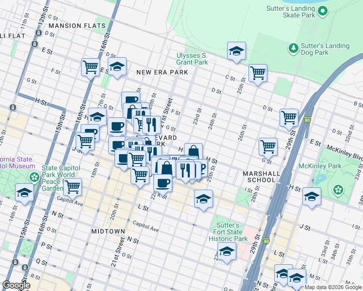 map of restaurants, bars, coffee shops, grocery stores, and more near 727 22nd Street in Sacramento