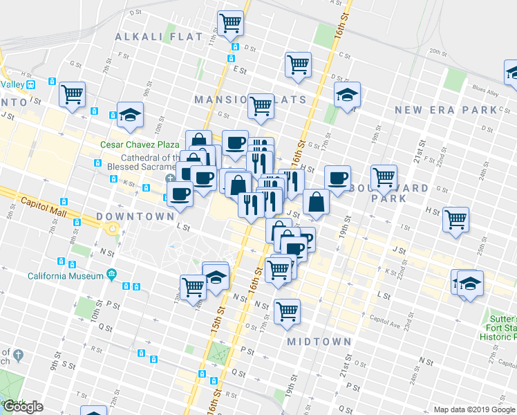 map of restaurants, bars, coffee shops, grocery stores, and more near 1430 J Street in Sacramento