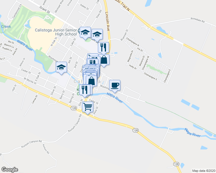 map of restaurants, bars, coffee shops, grocery stores, and more near 1404 Franklin Street in Calistoga