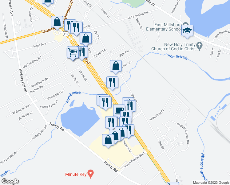 map of restaurants, bars, coffee shops, grocery stores, and more near 28605 East Dupont Boulevard in Millsboro