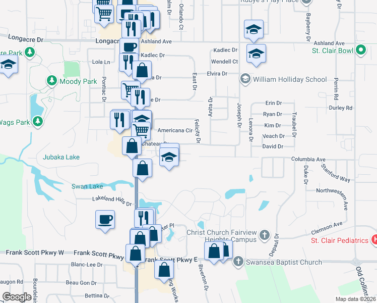 map of restaurants, bars, coffee shops, grocery stores, and more near 46 Chateau Drive in Fairview Heights