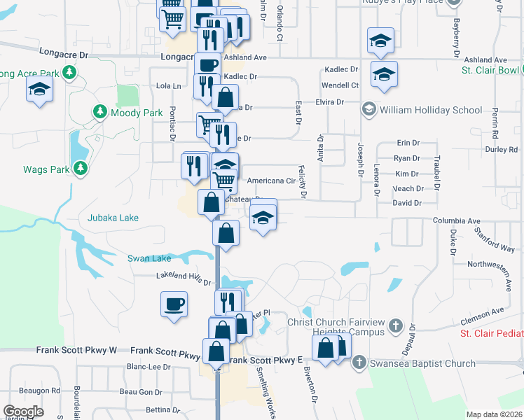 map of restaurants, bars, coffee shops, grocery stores, and more near 26 Chateau Drive in Fairview Heights