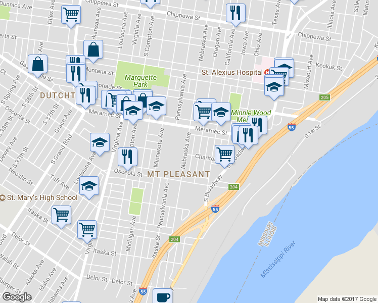 map of restaurants, bars, coffee shops, grocery stores, and more near 4246 Nebraska Avenue in St. Louis