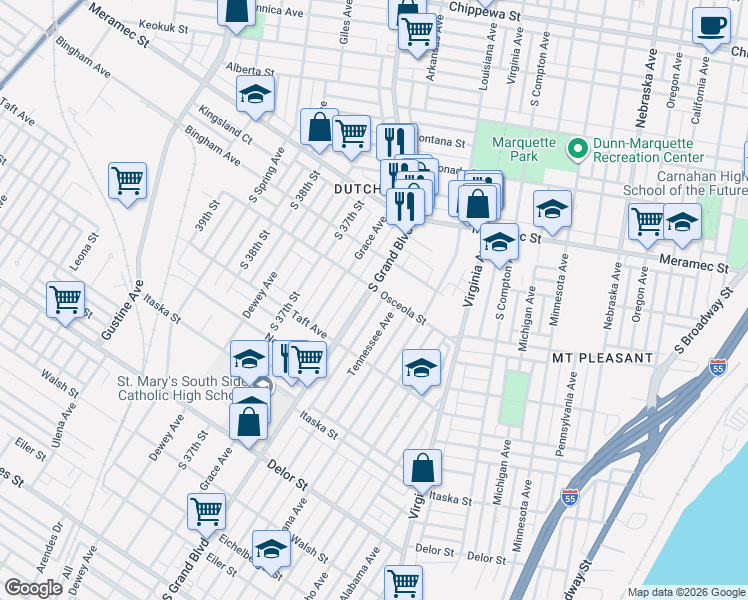 map of restaurants, bars, coffee shops, grocery stores, and more near 4404 South Grand Boulevard in St. Louis