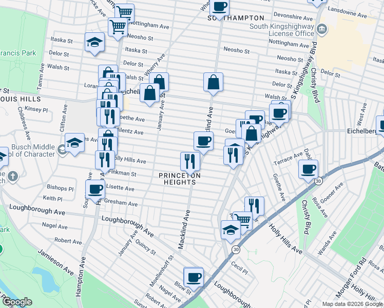 map of restaurants, bars, coffee shops, grocery stores, and more near 5421 Rhodes Avenue in St. Louis