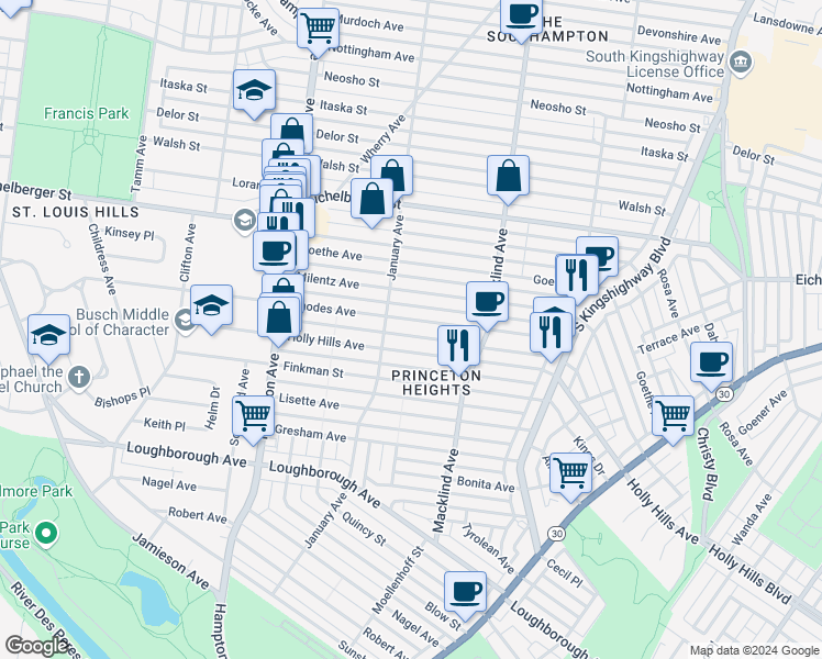 map of restaurants, bars, coffee shops, grocery stores, and more near 5536 Rhodes Avenue in St. Louis