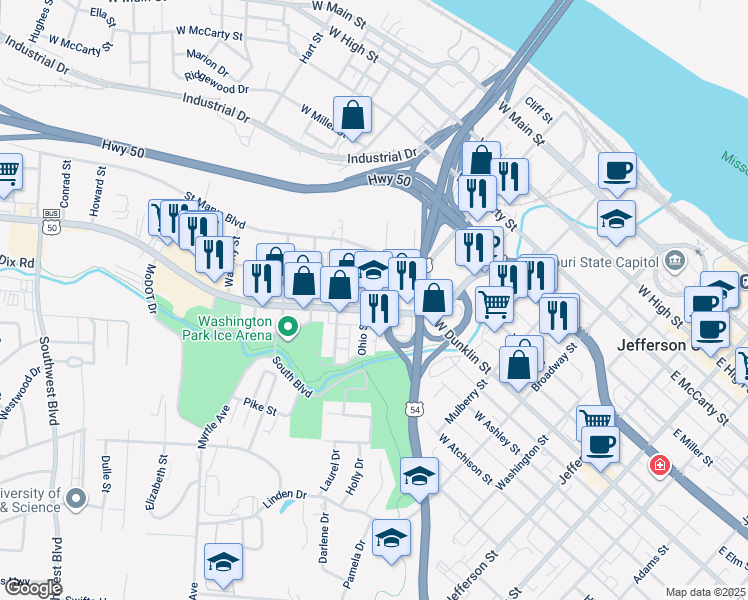 map of restaurants, bars, coffee shops, grocery stores, and more near 622 Delaware Street in Jefferson City