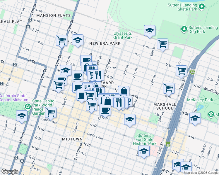 map of restaurants, bars, coffee shops, grocery stores, and more near H St & 22nd St in Sacramento