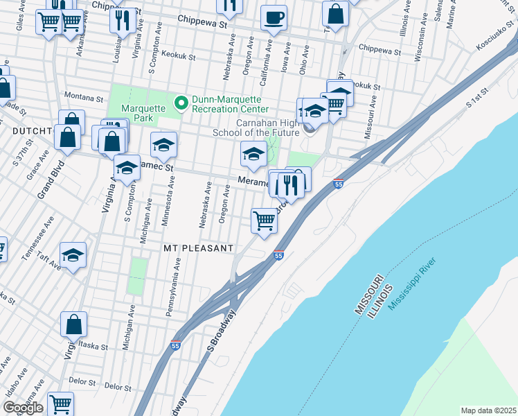 map of restaurants, bars, coffee shops, grocery stores, and more near 4241 Iowa Avenue in St. Louis