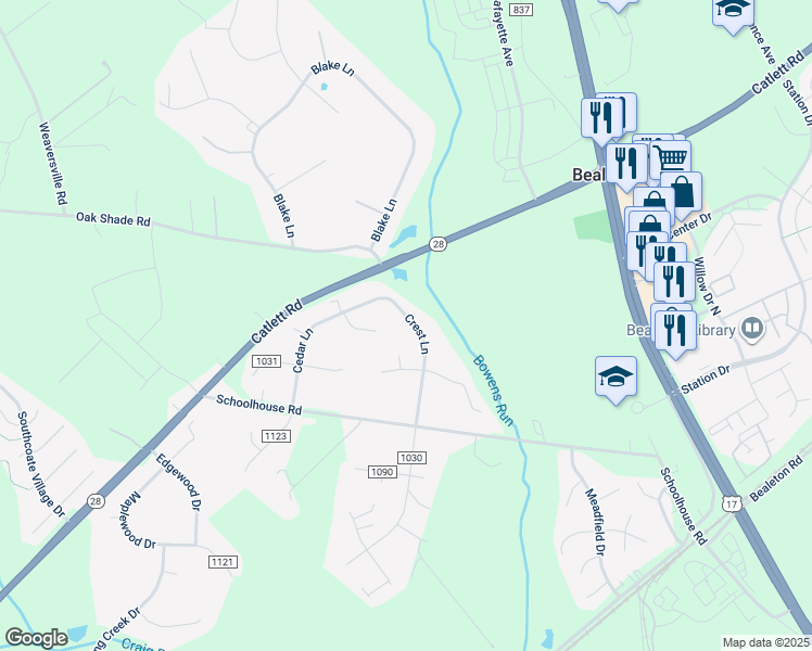 map of restaurants, bars, coffee shops, grocery stores, and more near 11132 Crest Lane in Bealeton