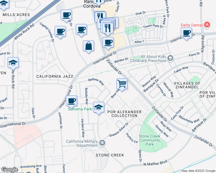 map of restaurants, bars, coffee shops, grocery stores, and more near 10881 Bellone Way in Rancho Cordova