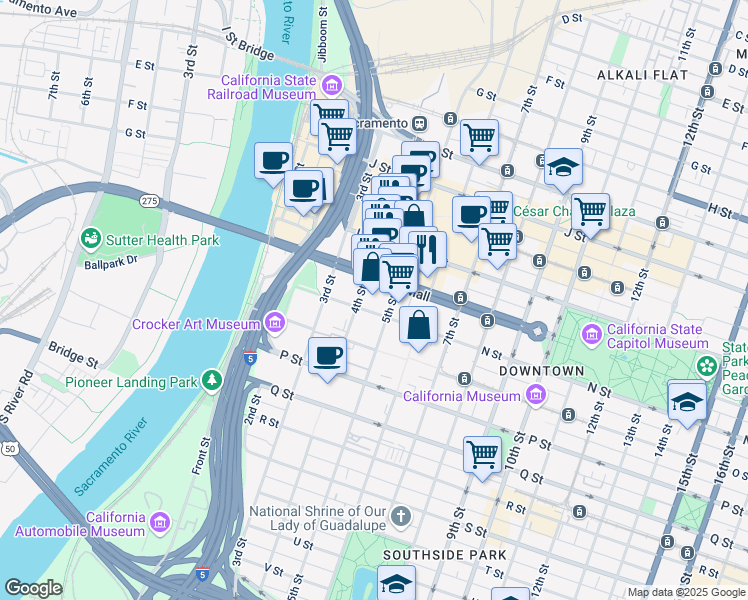 map of restaurants, bars, coffee shops, grocery stores, and more near 400 Capitol Mall in Sacramento