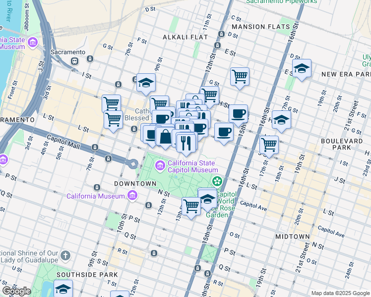 map of restaurants, bars, coffee shops, grocery stores, and more near 1200 K Street in Sacramento