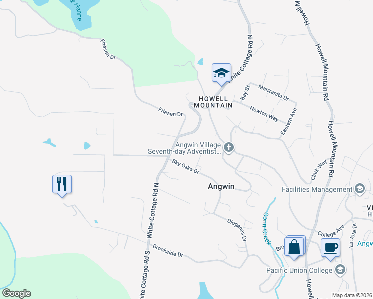 map of restaurants, bars, coffee shops, grocery stores, and more near 260 White Cottage Road North in Angwin
