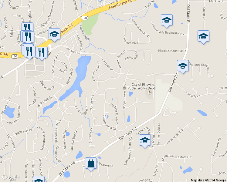 map of restaurants, bars, coffee shops, grocery stores, and more near 350 Harbour Pointe Drive in Wildwood