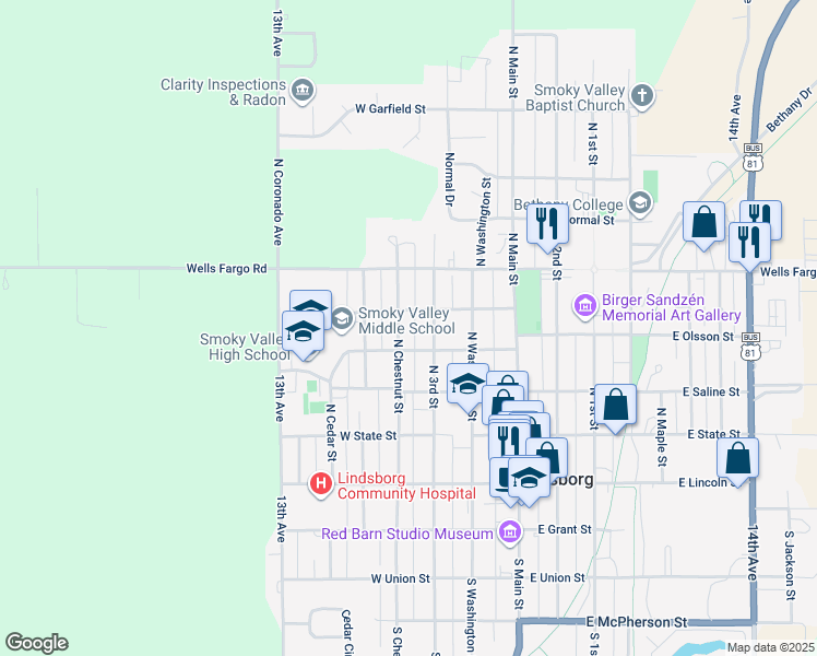 map of restaurants, bars, coffee shops, grocery stores, and more near 430 N Chestnut St in Lindsborg