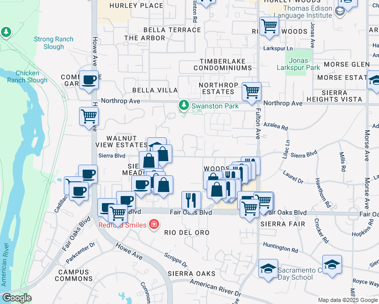 map of restaurants, bars, coffee shops, grocery stores, and more near 658 Woodside Sierra in Sacramento
