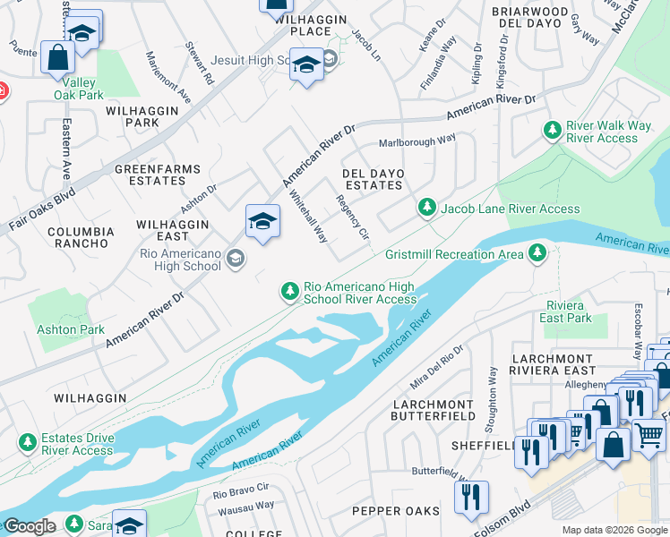 map of restaurants, bars, coffee shops, grocery stores, and more near 600 Whitehall Way in Sacramento