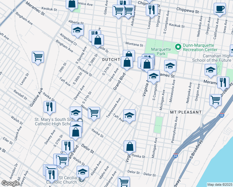 map of restaurants, bars, coffee shops, grocery stores, and more near 3554 Osceola Street in St. Louis