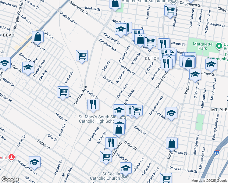 map of restaurants, bars, coffee shops, grocery stores, and more near 4612 South 38th Street in St. Louis