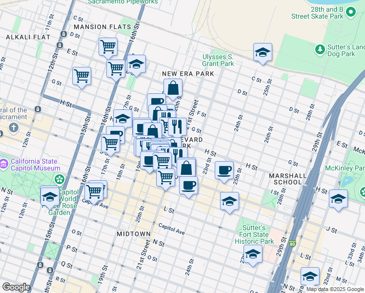 map of restaurants, bars, coffee shops, grocery stores, and more near 801 21st St in Sacramento