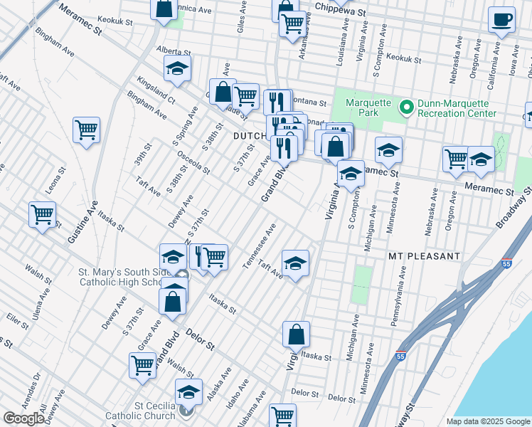 map of restaurants, bars, coffee shops, grocery stores, and more near 3554 Osceola Street in St. Louis