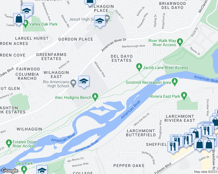map of restaurants, bars, coffee shops, grocery stores, and more near 600 Whitehall Way in Sacramento