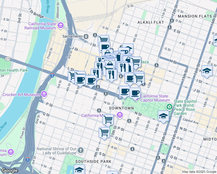 map of restaurants, bars, coffee shops, grocery stores, and more near L Street Capitol Mall Alley in Sacramento