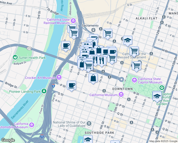 map of restaurants, bars, coffee shops, grocery stores, and more near 500 Capitol Mall in Sacramento