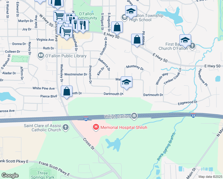map of restaurants, bars, coffee shops, grocery stores, and more near 1522 Princeton Drive in O'Fallon