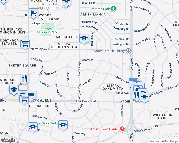 map of restaurants, bars, coffee shops, grocery stores, and more near 3180 Barberry Lane in Sacramento
