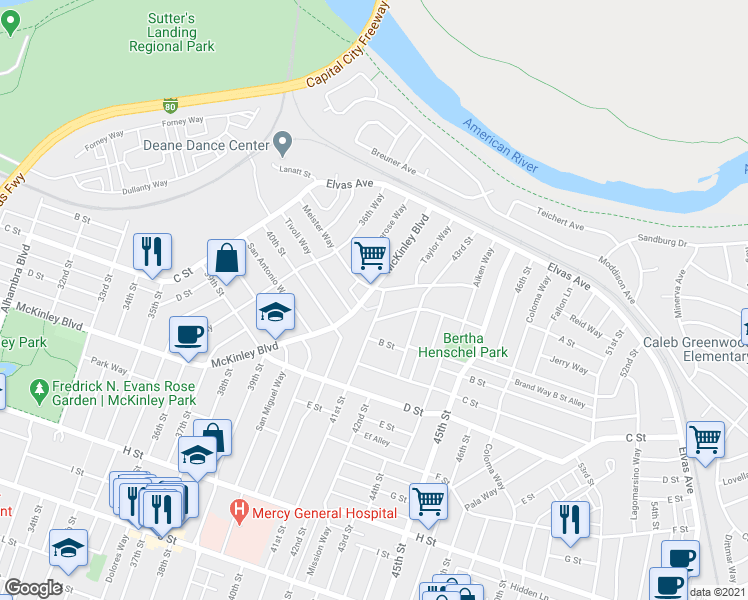 map of restaurants, bars, coffee shops, grocery stores, and more near in Sacramento