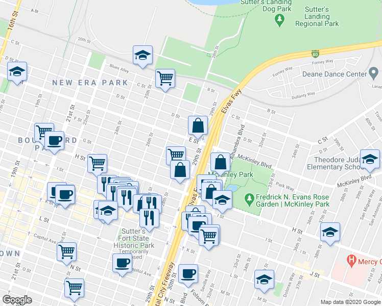 map of restaurants, bars, coffee shops, grocery stores, and more near 521 28th Street in Sacramento