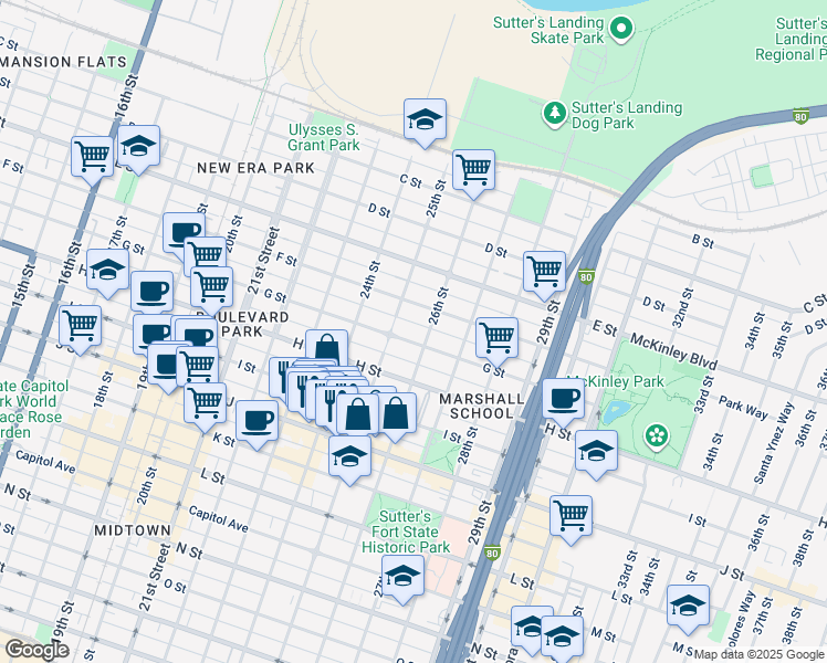 map of restaurants, bars, coffee shops, grocery stores, and more near 617 25th Street in Sacramento