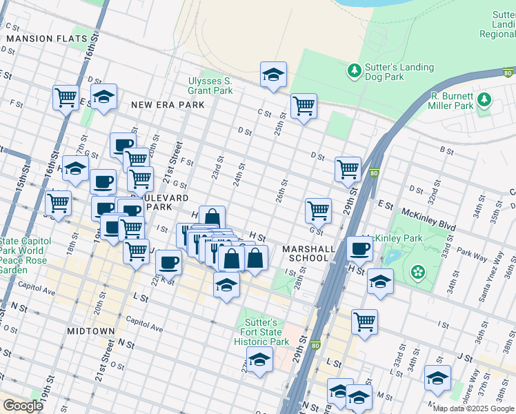 map of restaurants, bars, coffee shops, grocery stores, and more near 617 25th Street in Sacramento