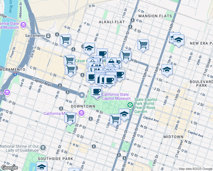 map of restaurants, bars, coffee shops, grocery stores, and more near 1100 K Street in Sacramento