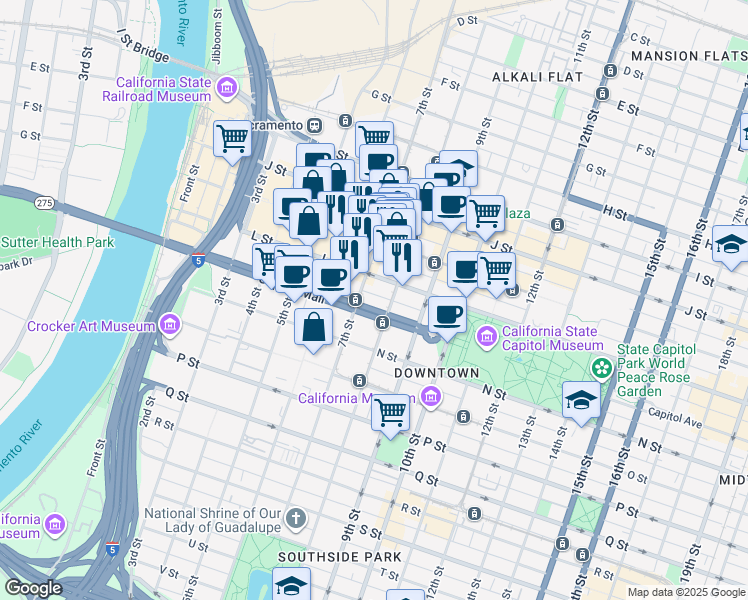 map of restaurants, bars, coffee shops, grocery stores, and more near 715 Capitol Mall in Sacramento